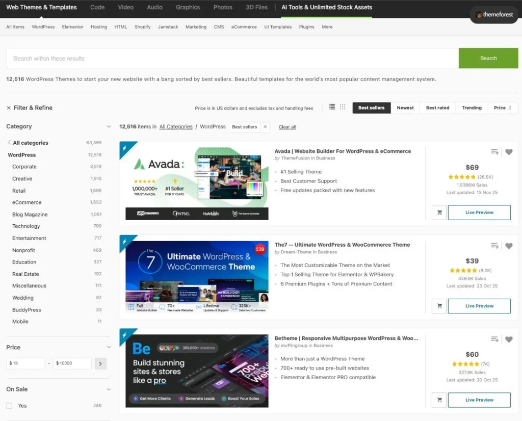 Tela do Theme Forest da Envato Market, mostrando diversas opções de templates WordPress