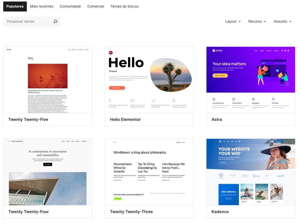 Tela do WordPress.org mostrando a biblioteca de Temas